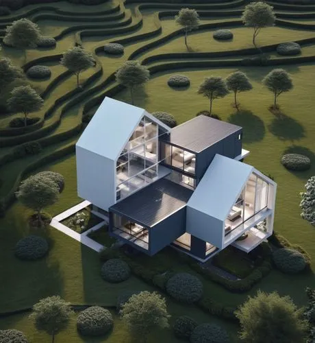 a house is surrounded by hedges in a field,3d rendering,cube stilt houses,cube house,ecovillages,cubic house,modern house,Photography,General,Realistic