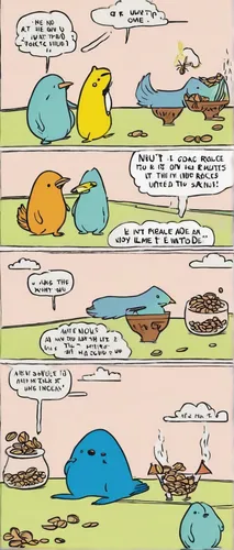 A nut allergy-prone character accidentally eats nuts and races against time to find an antidote.,comic speech bubbles,comic bubbles,speech bubbles,pac-man,platypus,pacman,speech balloons,ocean polluti