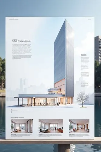A professional architectural presentation board with a Pure background and a clean, minimalist design layout. The board includes:
Top Section: On the top left, a photorealistic render of a contempora