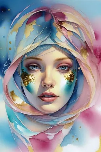 a woman's face with painted gold and blue,world digital painting,digital art,overlaid,fantasy portrait,fantasy art,digital artwork,watercolor women accessory,mystical portrait of a girl,dewdrop,colorf