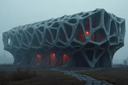 Haunted house, Scary building, Scary-Looking Structures, red lignts, Envision structures that evoke an atmosphere of dread and mystery, buildings, dark, dangerous,,this is a large building that has be