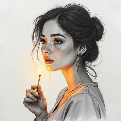 the drawings drawn with lit matches were cute, in the style of feminine portraiture, golden light, light gray, pensive poses, smokey background, light orange and light black, light & shadow ,the woman