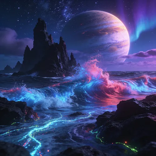 some clouds and water near an island with glowing lights,fantasy landscape,fantasy picture,alien planet,ocean background,alien world,lunar landscape,futuristic landscape,ocean waves,underwater landsca