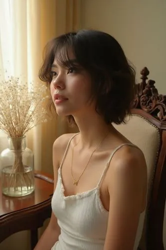 A realistic photograph presents a medium close-up portrait of a woman with a tousled chin-length dark brunette bob accented by bold blonde money-piece highlights framing her face, seated slightly righ