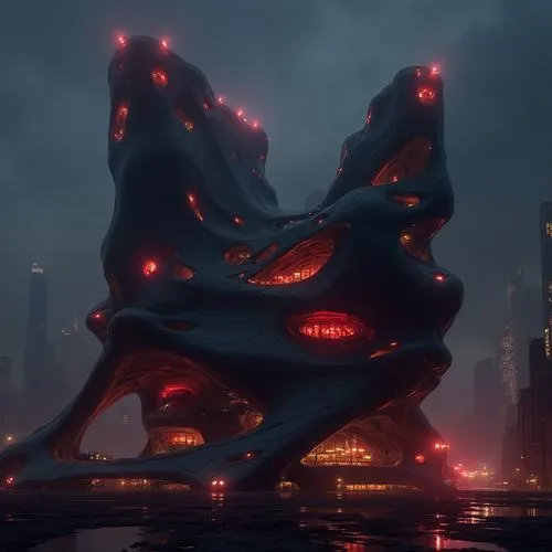  "Design a futuristic, bold, and dynamic building for Batman set in Gotham City at night, inspired by the architectural style of Zaha Hadid. The structure should feature flowing, organic forms, sharp 