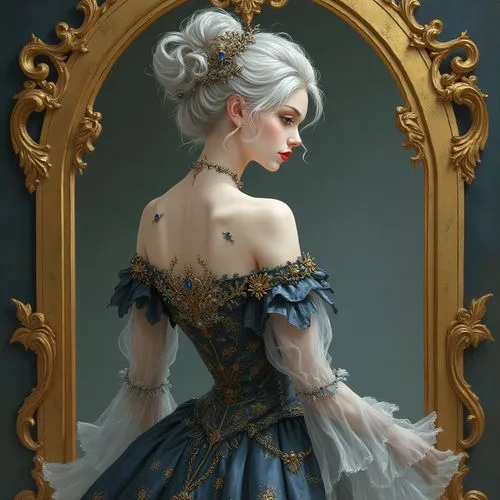 A sophisticated, fantasy-style digital illustration of an ethereal, regal woman standing with her back to the viewer, framed by a large, ornate golden mirror with baroque-style scrollwork, floral patt