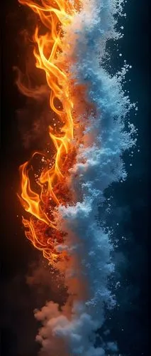dynamic contrast and harmony between fire and water. On one side, vibrant flames dance in shades of deep orange, red, and yellow, swirling with fluid motion. On the opposite side, cascading waves of c