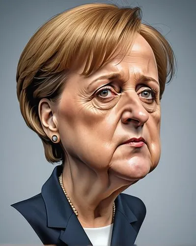 Create a more exaggerated and grotesque caricature of Angela Merkel with an emphasized nose and chin based on the provided photo.,deutscher michel,caricature,the german volke,german shaped,euro crisis