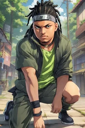 Bodybuilder wearing dreadlocks,calm usopp,2d,young hawk,cargo pants,wiz,sensei,naruto,abel,would a background,anime boy,bandana background,male character,shinobi,cg artwork,nikko,nori,gangstar,chuka w