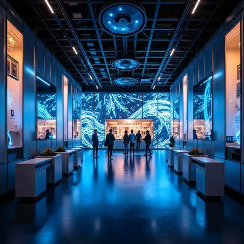Futuristic exhibition hall, sleek metallic surfaces, neon-lit LED lights, holographic displays, futuristic chandeliers, ambient glow, dark blue floors, mirror-like reflections, minimalist decor, geome