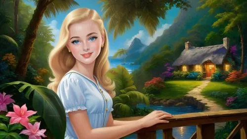 Romantic masterpiece oil painting, beautiful girl portrait, nostalgic 1950's style kitsch, vibrant rainforest, mountaintop cottage landscape, lush tropical jungle paradise, summer beach scenery, by Th
