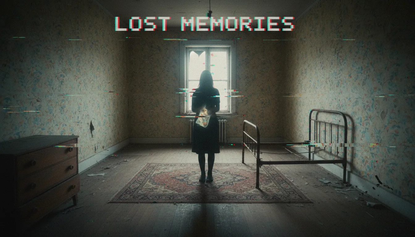 Un'inquietante immagine dall'estetica Traumacore creata con PromeAI, con una figura solitaria e sfocata in una stanza vuota e nostalgica con effetti di glitch art.