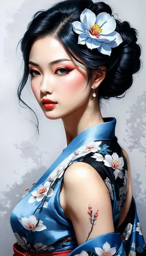 By Tun Tun,  Create tattoo design, blue, black and white. A Beautiful  lady with a kimono flowers, Please provide an in-depth critique of my artwork. Assess the composition, balance, and use of color,