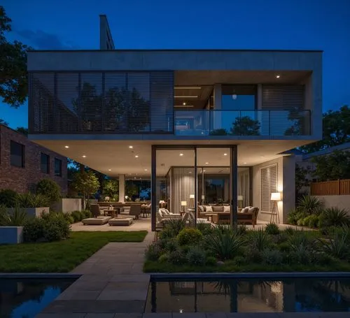 A photo-realistic shoot from a bird's eye view about a modern two-story house with a serene outdoor space at night. the image also shows a modern, minimalist design with a concrete exterior and wooden
