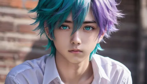 18 year old cute anime boy with white shirt and a black west on top. His hair is bright turquoise and his eyes are lilac color. ,anime 3d,anime boy,2d,jin deui,vocaloid,cosplay image,anime cartoon,mal