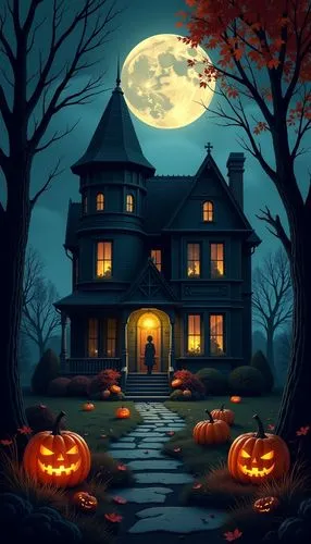 halloween wallpaper,
A spooky villa on a full moon night. Surrounded by autumn trees and glowing pumpkins. A light is burning in a window and you can see the outline of a person.

















,a h