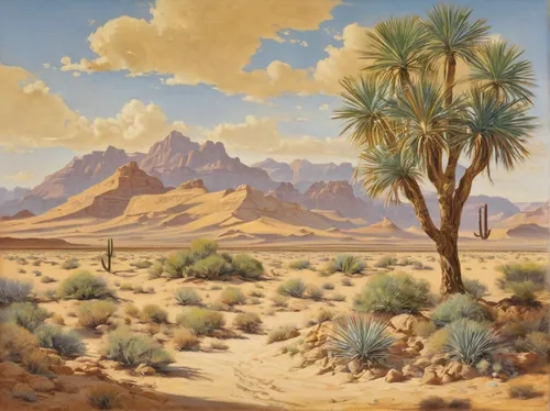 Nicholas Macsoud, Desert Solitude, oil on board, c. 1951. Swann Auction Galleries, auction catalogue.,desert desert landscape,desert landscape,desert,mesquite flats,the desert,joshua trees,desert back