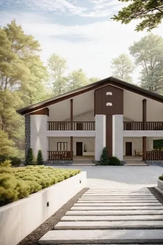 realistic surroundings of the architecture of a residential building. Stone paths lead to the entrance to the house, coniferous trees in the background, plants, shrubs. Blue sky ,a house with steps le