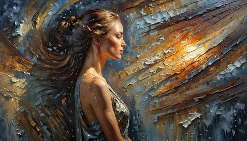  "Impasto oil painting, moody chiaroscuro portrait. A woman's face partially illuminated by a strong side light, casting deep shadows on one side. The light side is rendered with thick, raised impasto