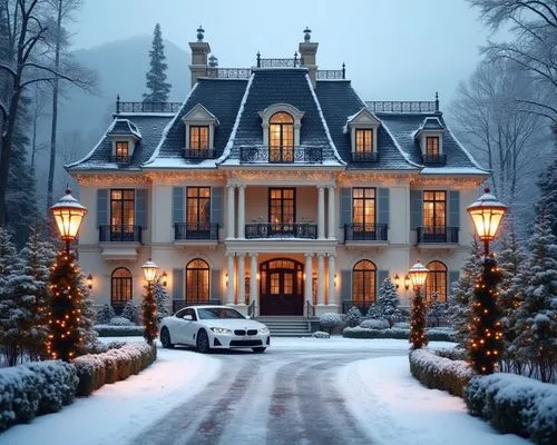 Snow-covered luxury mansion in a French neoclassical style, surrounded by a serene winter landscape. The mansion features a light cream facade with intricate columns, ornate moldings, and tall arched 