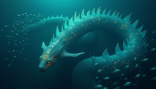 A colossal sea serpent with bioluminescent scales that shift between deep blues and greens, its body coiling through the dark ocean like a living aurora. Its fins resemble translucent sails, and its e