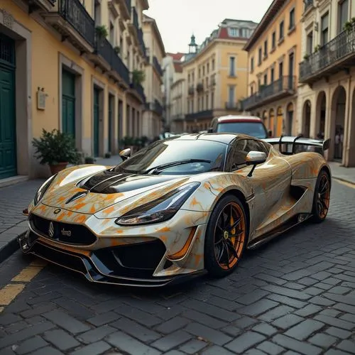 in one car there is mix of 3 cars: mercedes, ferrari, mclaren,a sports car with a burnt orange paint job on it,mazzanti,mercedes benz sls,granturismo,mercedes sls,competizione,acr