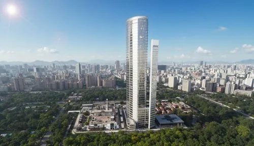 a tall building near a huge city with trees,residential tower,international towers,urban towers,redevelop,electric tower,high-rise building,steel tower,high rise building,penthouses,the energy tower,r