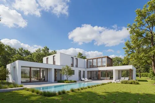 A photo-realistic shoot from a bird's eye view about a modern, minimalist house with a large, rectangular pool in the middle of the image. the house is a two-story, rectangular building with a flat ro