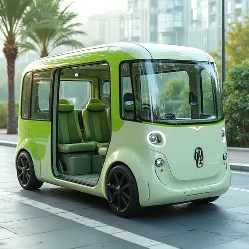 A modern electric minibus designed for eco-friendly group transportation. The vehicle has a clean, boxy shape with an innovative foldable roof for extra cargo space. The exterior is covered in bright 