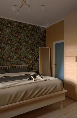 add a dog lying on bed,a dog is lying on a bed in a bedroom,wallpapered,wallpapering,guest room,bedroom,modern room,render,sleeping room,renders,bedrooms,boy's room picture,headboard,danish room,yello