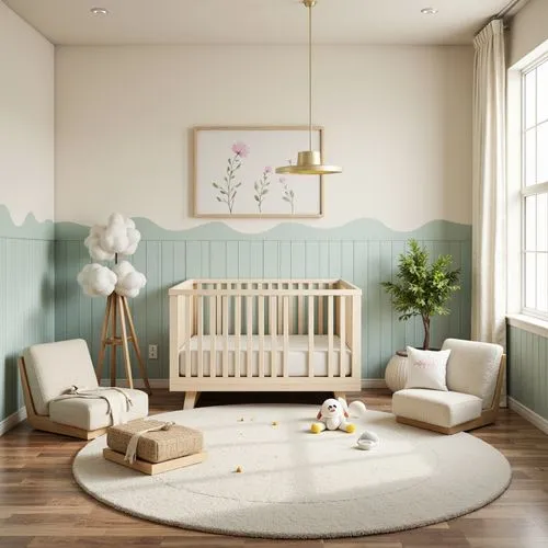 Soft pastel nursery, gentle cream walls, warm beige furniture, pale blue accents, delicate floral patterns, natural wood textures, cozy plush carpets, soothing ambient lighting, whimsical cloud-shaped