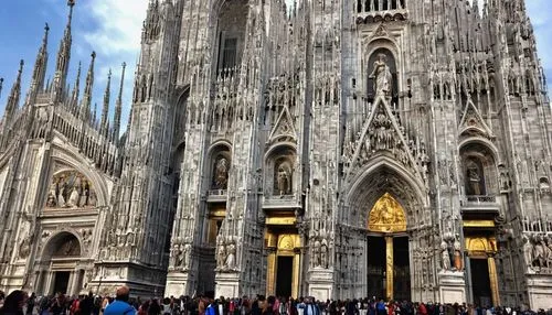Milan Duomo, grand cathedral, Gothic architecture, intricate stone carvings, stained glass windows, ornate spires, statues of saints, Renaissance-style facade, iconic Madonnina golden statue, majestic
