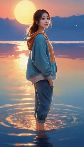 masterpiece, highest quality, movie stills, 1 girl, baggy hoodie、７cropped pants、denim、Sky reflected on the sea surface、mirror-like water surface、Reflective water surface、I can see the ankle、Barefoot、S