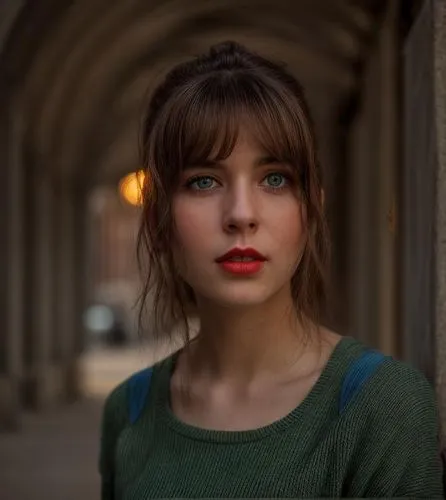 a young girl 22 years old, brown  hair, green eyes, red lips and confident expression, wearing a soft blue t-shirt and dark blue sweater, stand up at sunset in a street of Chicago city as background i