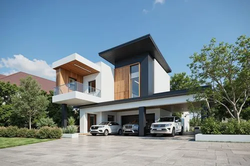 A photo-realistic shoot from a bird's eye view about a modern two-story house with a minimalist design, featuring a large entrance flanked by two smaller buildings on either side. the image also shows