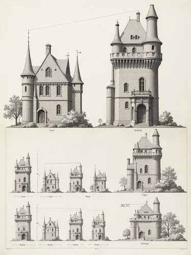 A diagram showing the process of building with each step represented by different architectural sketches and digital construction models of building structures and dimensions. The left side features t