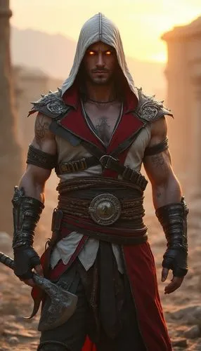 A highly detailed and realistic fusion character combining Ezio Auditore from Assassin's Creed and Kratos from God of War. Tall and muscular, with pale skin and glowing amber eyes. Wearing a sleek red