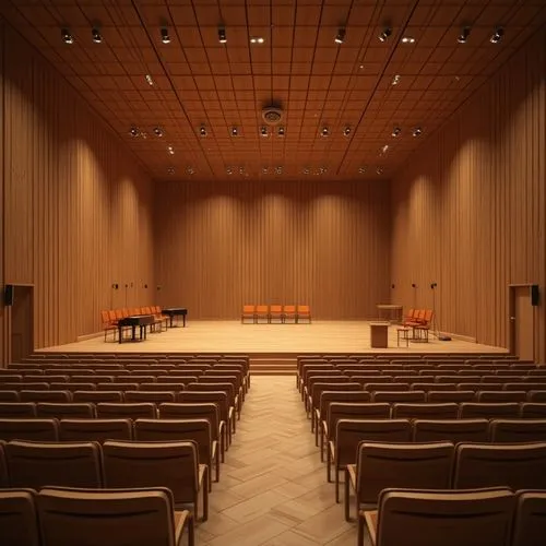 Concert house interior, Chukum material, sustainable, eco-friendly, wood texture, natural pattern, warm lighting, cozy atmosphere, wooden floor, acoustic ceiling, sound-absorbing walls, minimalist dec