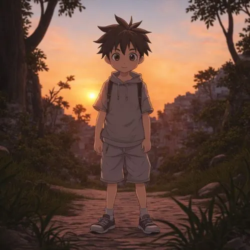 a boy standing in a forest with the sun setting,gon,haibara,arrietty,eguren,takagi,tsunayoshi,killua hunter x,tetsuo,hiro,hidenori,takato,digidestined,hiei,tsuna,killua,touma,masaru,sadozai,shinji,ani