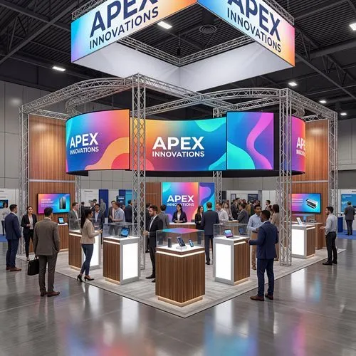 trade show booth design, open structure, modular exhibition stand, brand signage, LED panels, product showcase area, people interacting, realistic lighting, exhibition hall environment, 8k render,prop