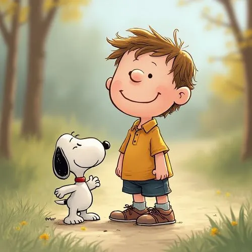 happy child in Peanuts Snoopy style with blurred background,a boy in the woods and his dog are a sight,boy and dog,cute cartoon image,mutts,walking dogs,the dog a hug,childhood friends,autumn walk,my 