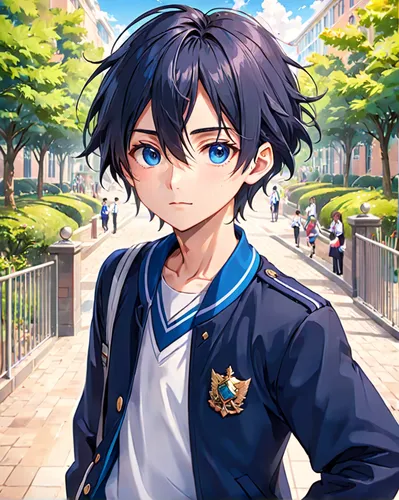 Handsome, youthful male student with an inch of hair, wearing a blue uniform,anime boy,takato cherry blossoms,edit icon,game illustration,portrait background,shouta,anime cartoon,cg artwork,world end,
