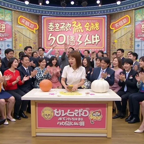 A dynamic and lively scene from a Japanese variety talk show. The central figure is a woman performing a playful and comedic act, exaggerated and intentionally over-the-top, drawing laughter and appla