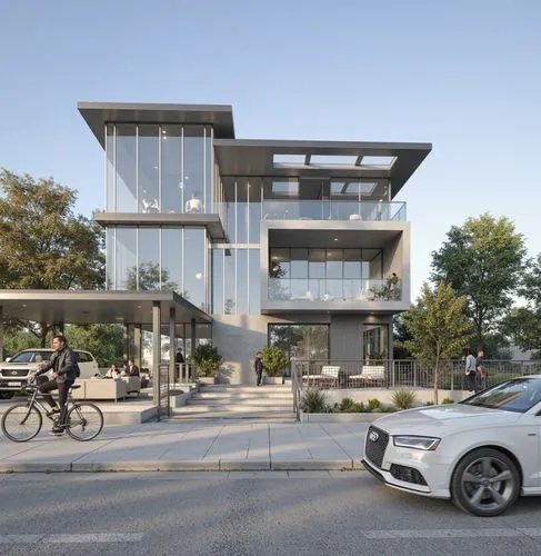 a white sports car parked in front of a modern home,cantilevers,modern architecture,new city hall,modern office,office building,modern building,ubc,cubic house,cantilevered,renderings