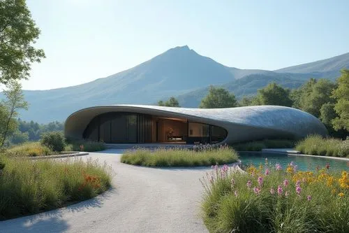 There is a big mountain behind, with small hills on both sides. The mountains are covered in flowers, and there is a winding small river in the courtyard at the entrance. The sky is blue, and flowers