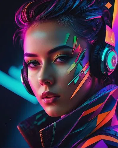 Vibrant graphic illustration, stylized portrait, bold lines, bright colors, abstract shapes, geometric patterns, futuristic neon lights, cyberpunk atmosphere, low-poly 3D elements, pixel art details, 