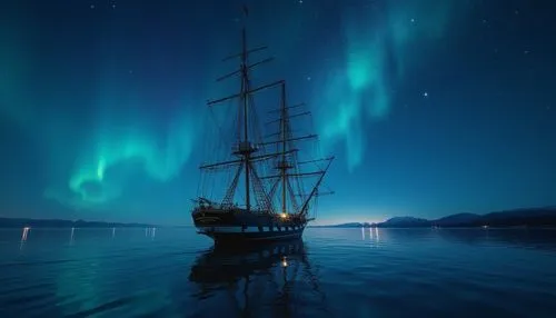Majestic full-rigged USS Constitution sailing through a glassy sea at midnight. The sky is perfectly clear and the stars are shining brightly, with the Milky Way clearly visible and the aurora dancing