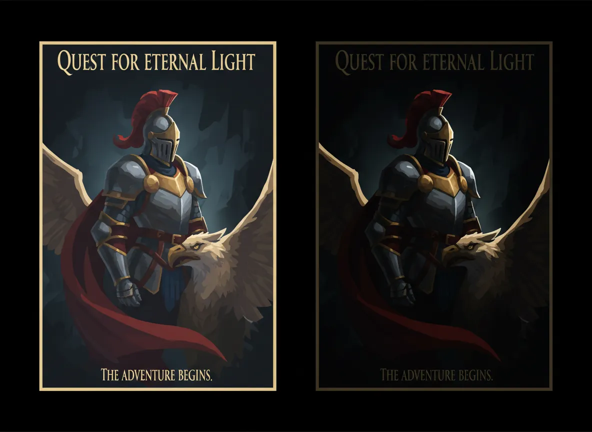 एक सपाट रोशनी वाले पोस्टर और PromeAI के Chiaroscuro प्रभाव से रूपांतरित संस्करण को दिखाते हुए अगल-बगल की तुलना।