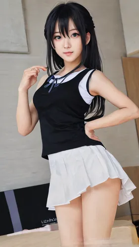 (masterpiece, highest quality:1.2), 1 girl, alone,Are standing_Split, 
Yuuki eats, long hair，Black sleeveless tank top，white skirt，,kantai collection sailor,azusa nakano k-on,japanese idol,honmei choc