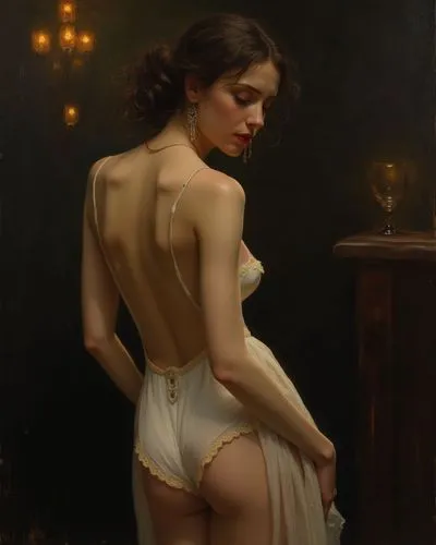 Pintura al óleo con marcas de la brocha, se nota la textura del óleo y la mezcla de colores. Aparece una modelo pintada por rafael sanzio.
Es una escena nocturna en un cuarto oscuro en donde aparece u